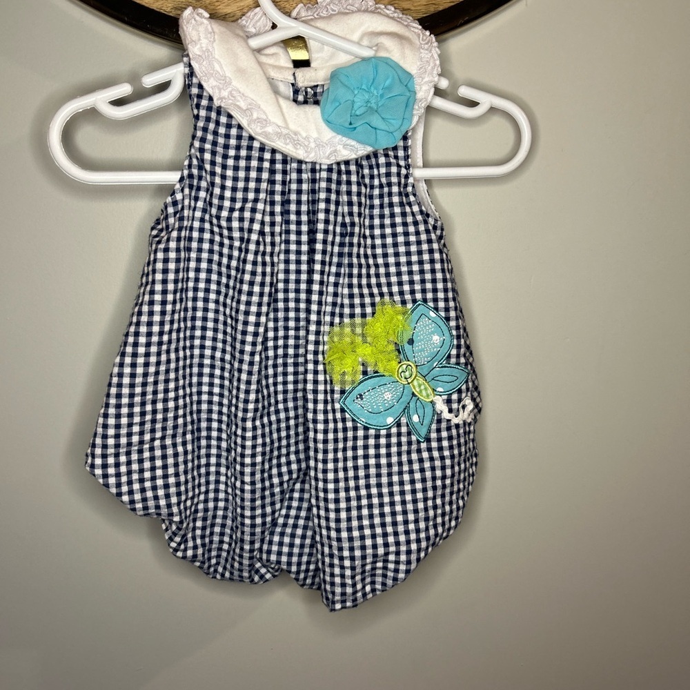 Gingham Romper with Blue Butterfly Accent